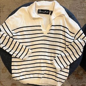 Cashmere Striped Collared V-neck Sweater- Parrish LA